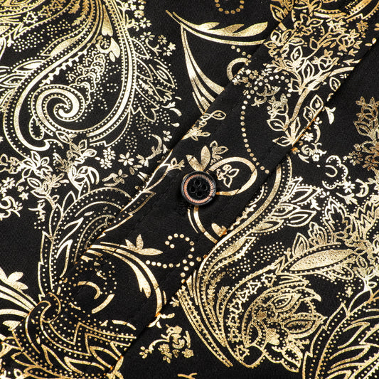 Gold # Men's slim fit floral long sleeve shirt with point collar and button closure, soft breathable polyester blend gold printed top with elegant tone-to-tone embroidery for party, prom, wedding, business and daily wear, isolated on white background.