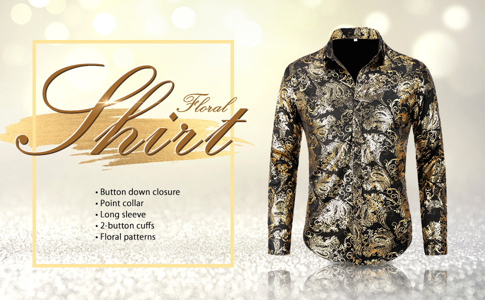 Gold # Men's slim fit floral long sleeve shirt with point collar and button closure, soft breathable polyester blend gold printed top with elegant tone-to-tone embroidery for party, prom, wedding, business and daily wear, isolated on white background.