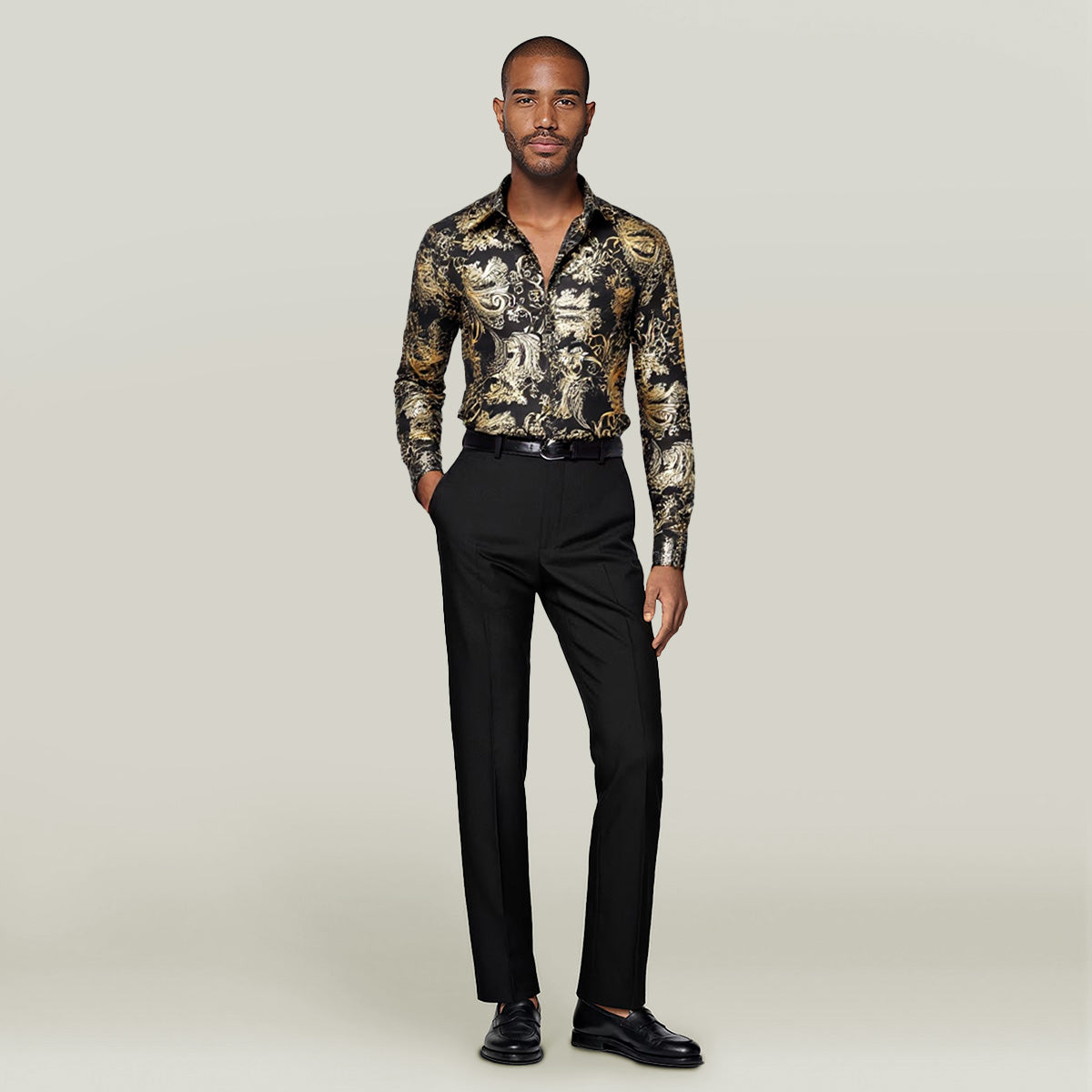 Gold # Men's slim fit floral long sleeve shirt with point collar and button closure, soft breathable polyester blend gold printed top with elegant tone-to-tone embroidery for party, prom, wedding, business and daily wear, isolated on white background.