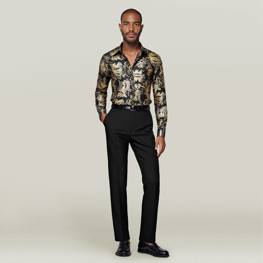 Gold # Men's slim fit floral long sleeve shirt with point collar and button closure, soft breathable polyester blend gold printed top with elegant tone-to-tone embroidery for party, prom, wedding, business and daily wear, isolated on white background.