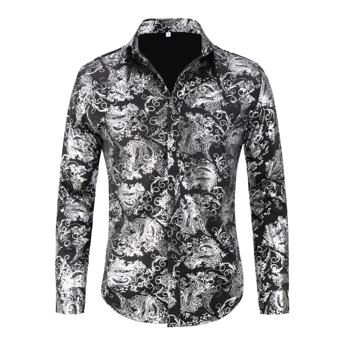 Silver # Men's slim fit floral long sleeve shirt with point collar and button closure, breathable polyester blend silver printed casual top with tone-to-tone embroidery for party, prom, wedding, business and daily wear, isolated on white background.