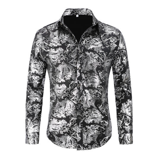 Silver # Men's slim fit floral long sleeve shirt with point collar and button closure, breathable polyester blend silver printed casual top with tone-to-tone embroidery for party, prom, wedding, business and daily wear, isolated on white background.