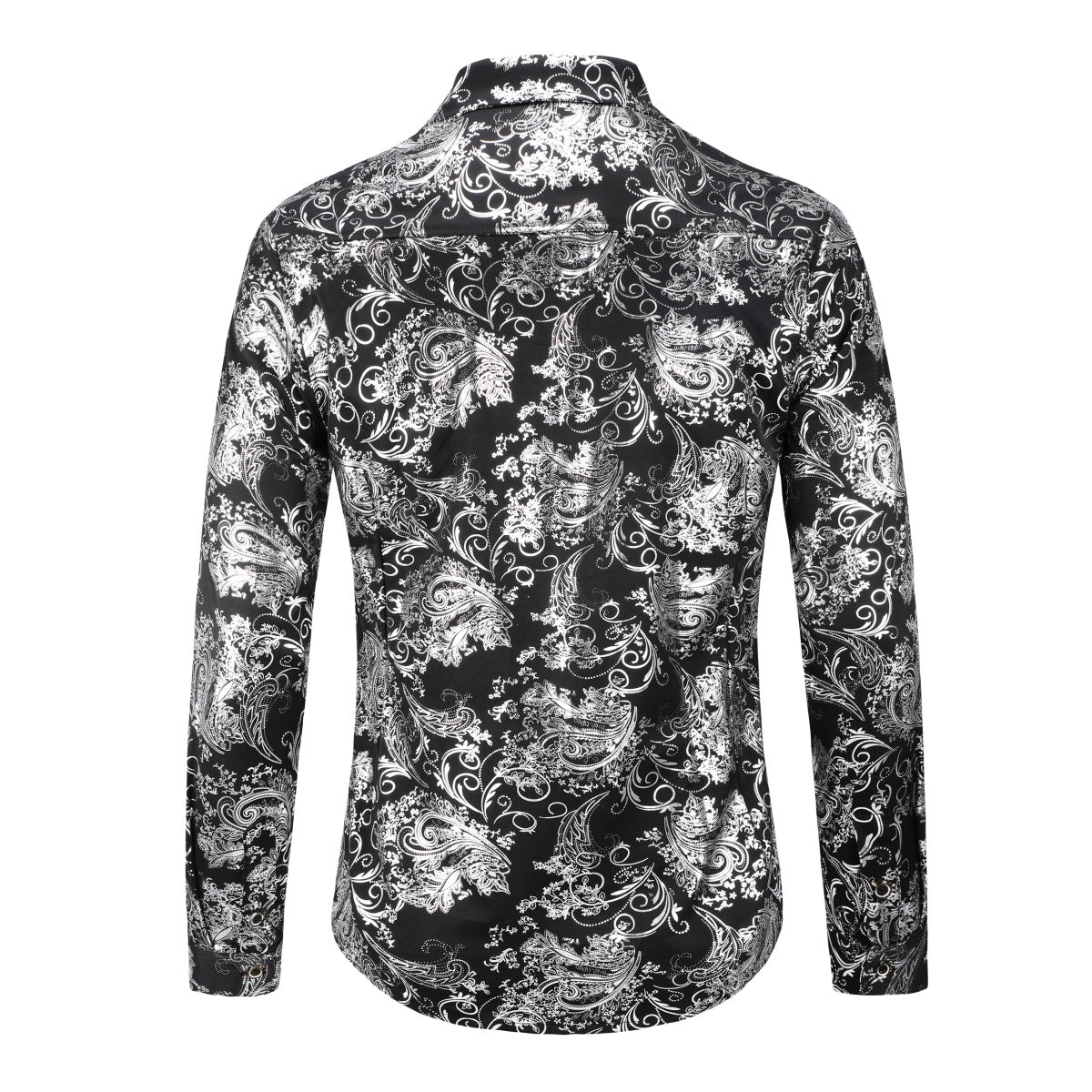 Silver # Men's slim fit floral long sleeve shirt with point collar and button closure, breathable polyester blend silver printed casual top with tone-to-tone embroidery for party, prom, wedding, business and daily wear, isolated on white background.