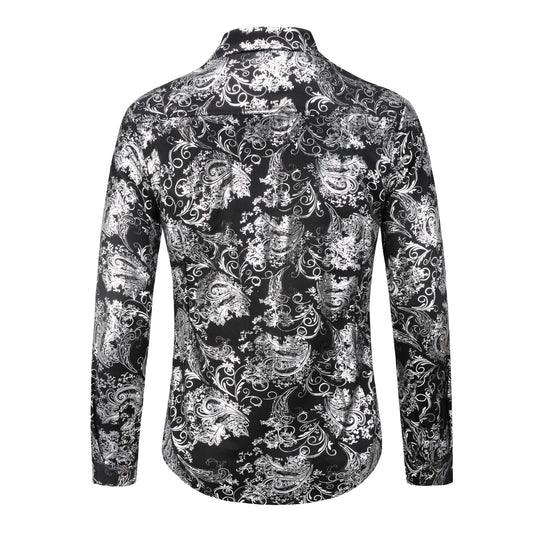 Silver # Men's slim fit floral long sleeve shirt with point collar and button closure, breathable polyester blend silver printed casual top with tone-to-tone embroidery for party, prom, wedding, business and daily wear, isolated on white background.
