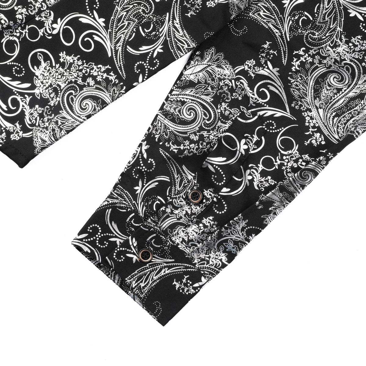 Silver # Men's slim fit floral long sleeve shirt with point collar and button closure, breathable polyester blend silver printed casual top with tone-to-tone embroidery for party, prom, wedding, business and daily wear, isolated on white background.