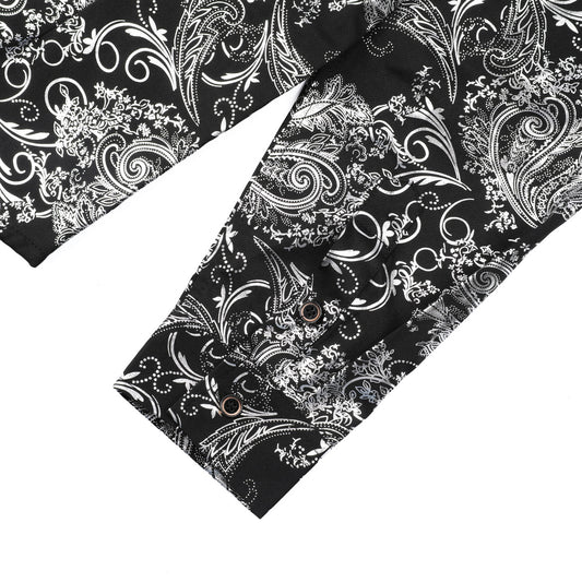 Silver # Men's slim fit floral long sleeve shirt with point collar and button closure, breathable polyester blend silver printed casual top with tone-to-tone embroidery for party, prom, wedding, business and daily wear, isolated on white background.