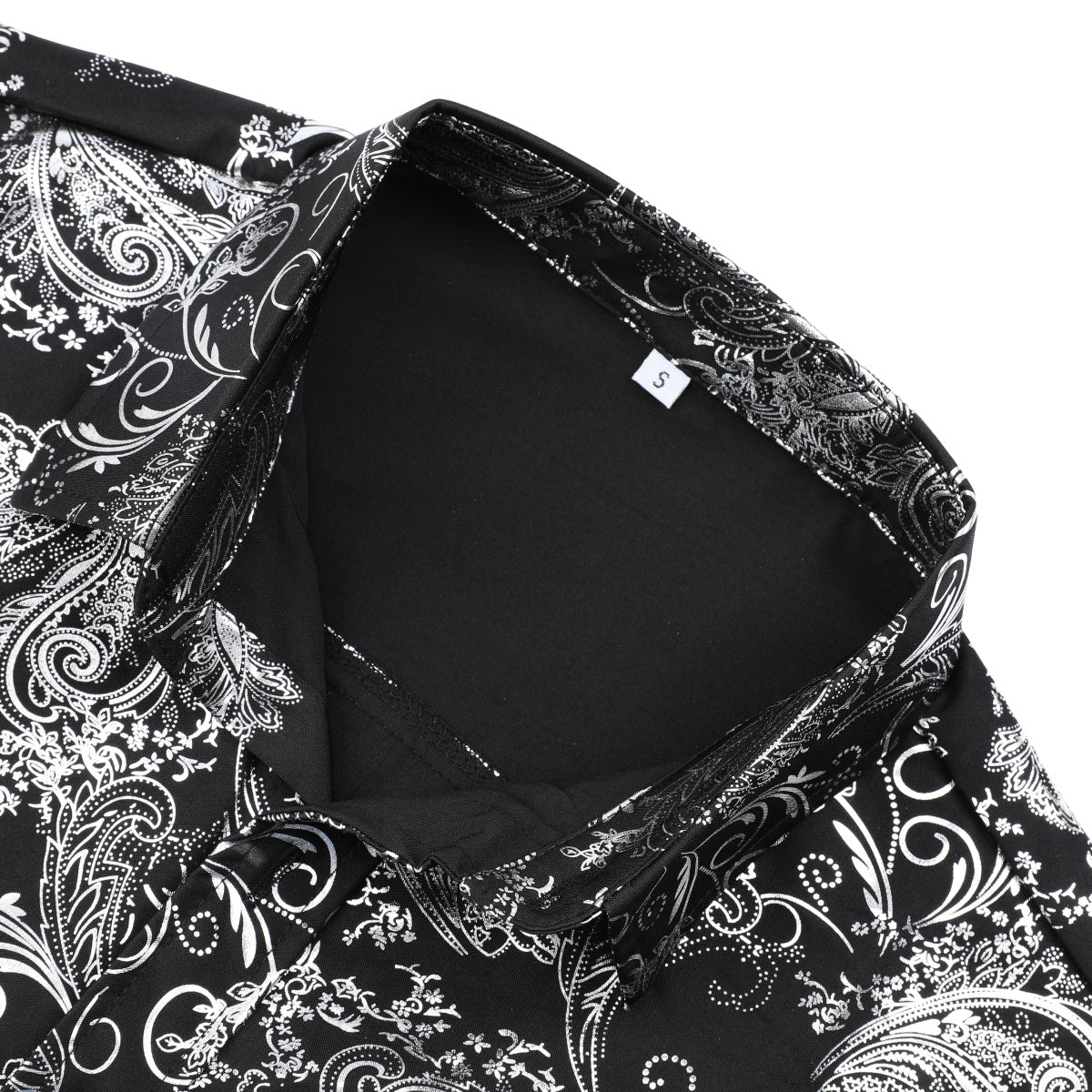Silver # Men's slim fit floral long sleeve shirt with point collar and button closure, breathable polyester blend silver printed casual top with tone-to-tone embroidery for party, prom, wedding, business and daily wear, isolated on white background.