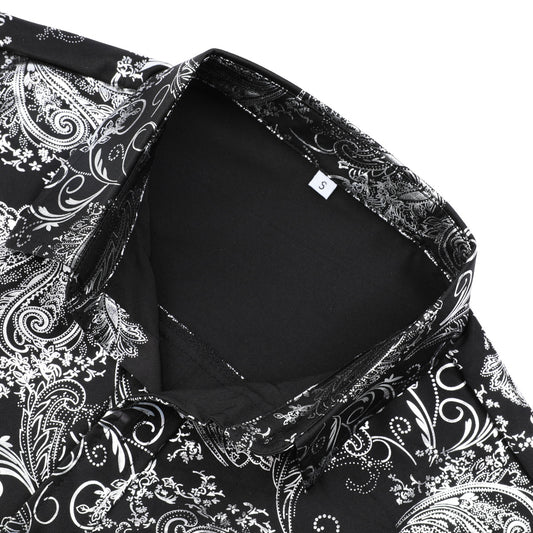 Silver # Men's slim fit floral long sleeve shirt with point collar and button closure, breathable polyester blend silver printed casual top with tone-to-tone embroidery for party, prom, wedding, business and daily wear, isolated on white background.