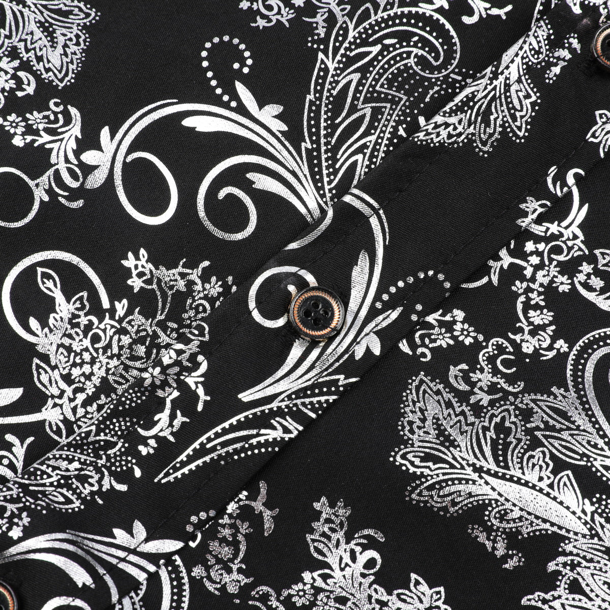 Silver # Men's slim fit floral long sleeve shirt with point collar and button closure, breathable polyester blend silver printed casual top with tone-to-tone embroidery for party, prom, wedding, business and daily wear, isolated on white background.