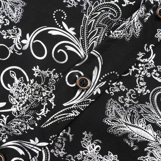 Silver # Men's slim fit floral long sleeve shirt with point collar and button closure, breathable polyester blend silver printed casual top with tone-to-tone embroidery for party, prom, wedding, business and daily wear, isolated on white background.