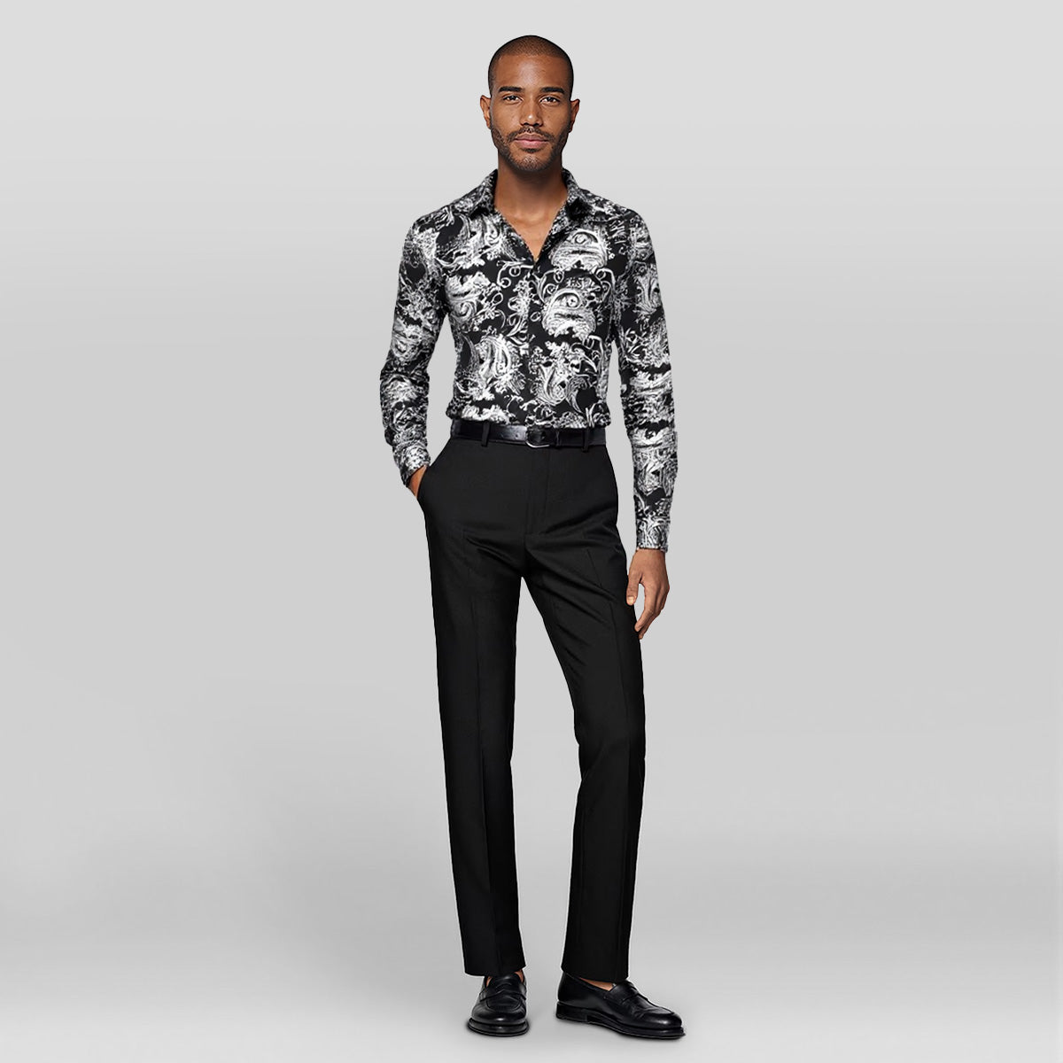 Silver # Men's slim fit floral long sleeve shirt with point collar and button closure, breathable polyester blend silver printed casual top with tone-to-tone embroidery for party, prom, wedding, business and daily wear, isolated on white background.