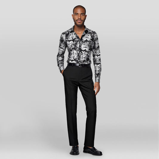 Silver # Men's slim fit floral long sleeve shirt with point collar and button closure, breathable polyester blend silver printed casual top with tone-to-tone embroidery for party, prom, wedding, business and daily wear, isolated on white background.