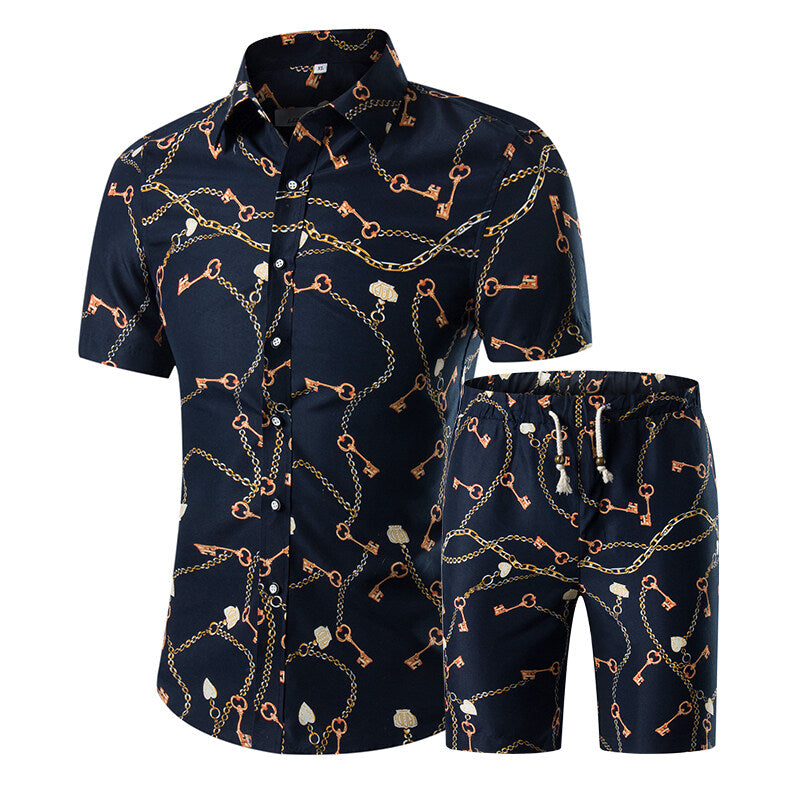 Black # Men's 2-piece Hawaii print summer suit with short sleeve spread collar shirt and matching shorts, all-over printed black casual vacation outfit for camp, luau, cruise, beach and summer party, isolated on white background.