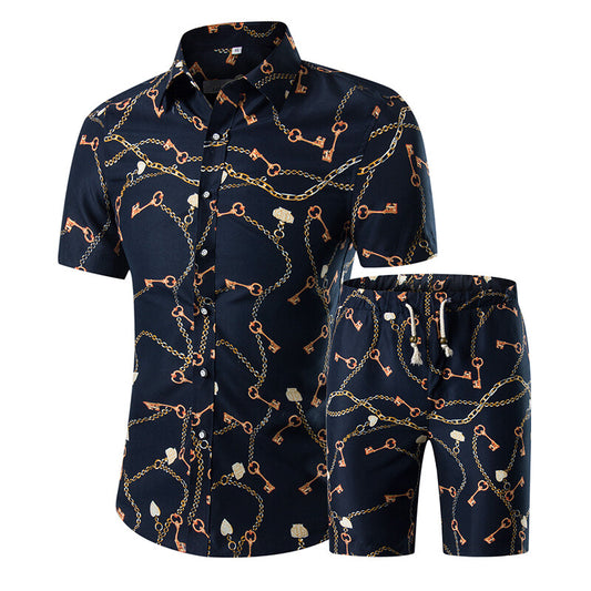 Black # Men's 2-piece Hawaii print summer suit with short sleeve spread collar shirt and matching shorts, all-over printed black casual vacation outfit for camp, luau, cruise, beach and summer party, isolated on white background.