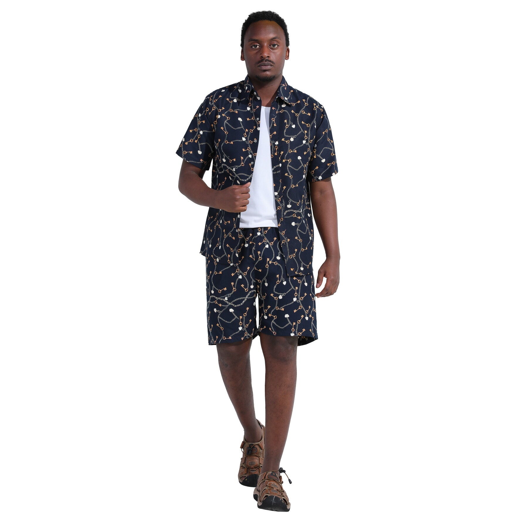 Black # Men's 2-piece Hawaii print summer suit with short sleeve spread collar shirt and matching shorts, all-over printed black casual vacation outfit for camp, luau, cruise, beach and summer party, isolated on white background.
