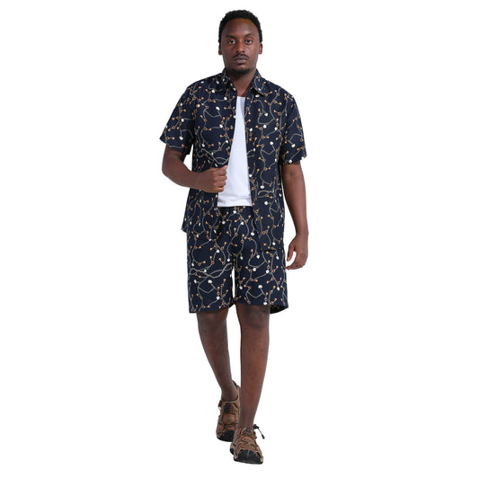 Black # Men's 2-piece Hawaii print summer suit with short sleeve spread collar shirt and matching shorts, all-over printed black casual vacation outfit for camp, luau, cruise, beach and summer party, isolated on white background.