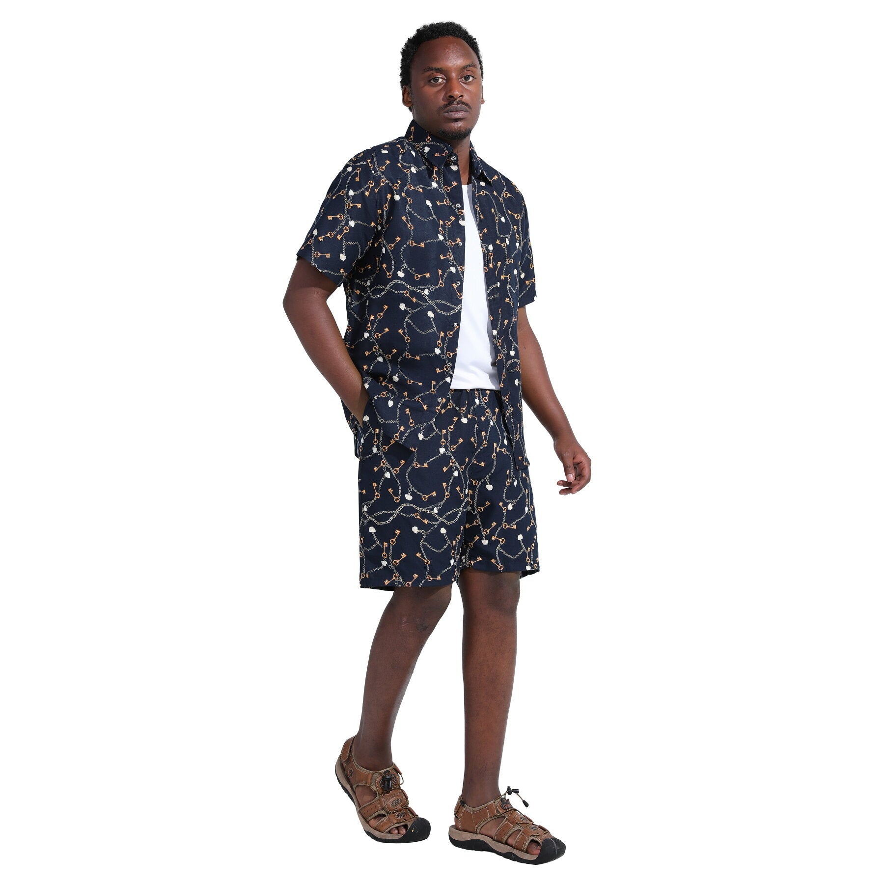 Black # Men's 2-piece Hawaii print summer suit with short sleeve spread collar shirt and matching shorts, all-over printed black casual vacation outfit for camp, luau, cruise, beach and summer party, isolated on white background.