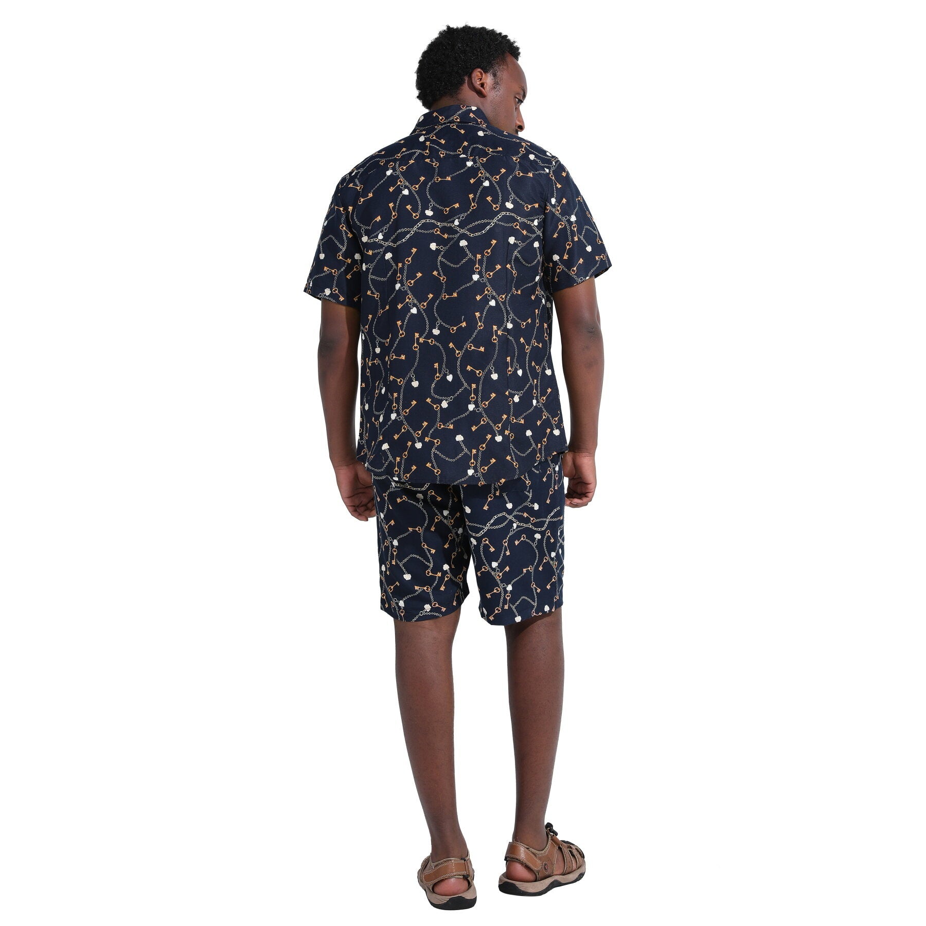 Black # Men's 2-piece Hawaii print summer suit with short sleeve spread collar shirt and matching shorts, all-over printed black casual vacation outfit for camp, luau, cruise, beach and summer party, isolated on white background.