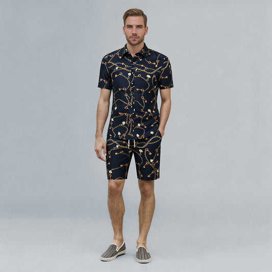 Black # Men's 2-piece Hawaii print summer suit with short sleeve spread collar shirt and matching shorts, all-over printed black casual vacation outfit for camp, luau, cruise, beach and summer party, isolated on white background.