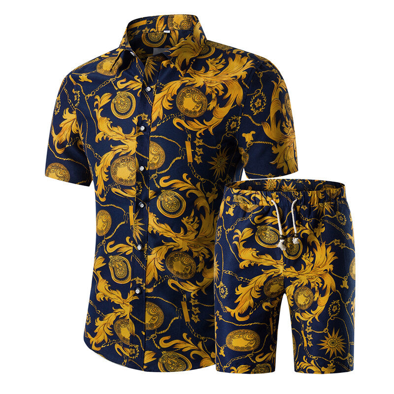Multi-color # Men's 2-piece Hawaii print summer suit with short sleeve spread collar shirt and matching shorts, all-over printed casual vacation outfit for camp, luau, cruise, beach and summer party, isolated on white background.