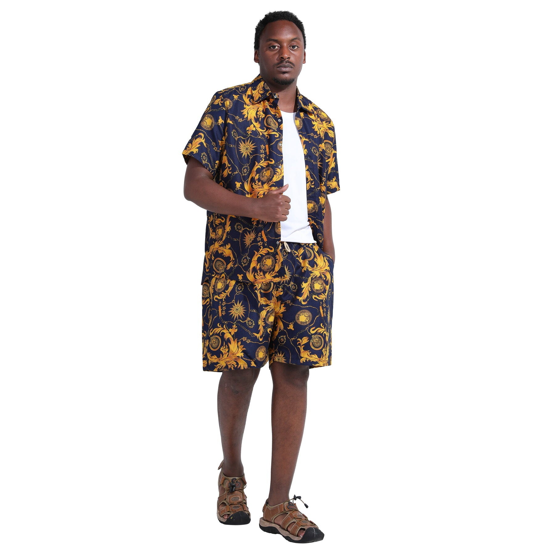 Multi-color # Men's 2-piece Hawaii print summer suit with short sleeve spread collar shirt and matching shorts, all-over printed casual vacation outfit for camp, luau, cruise, beach and summer party, isolated on white background.