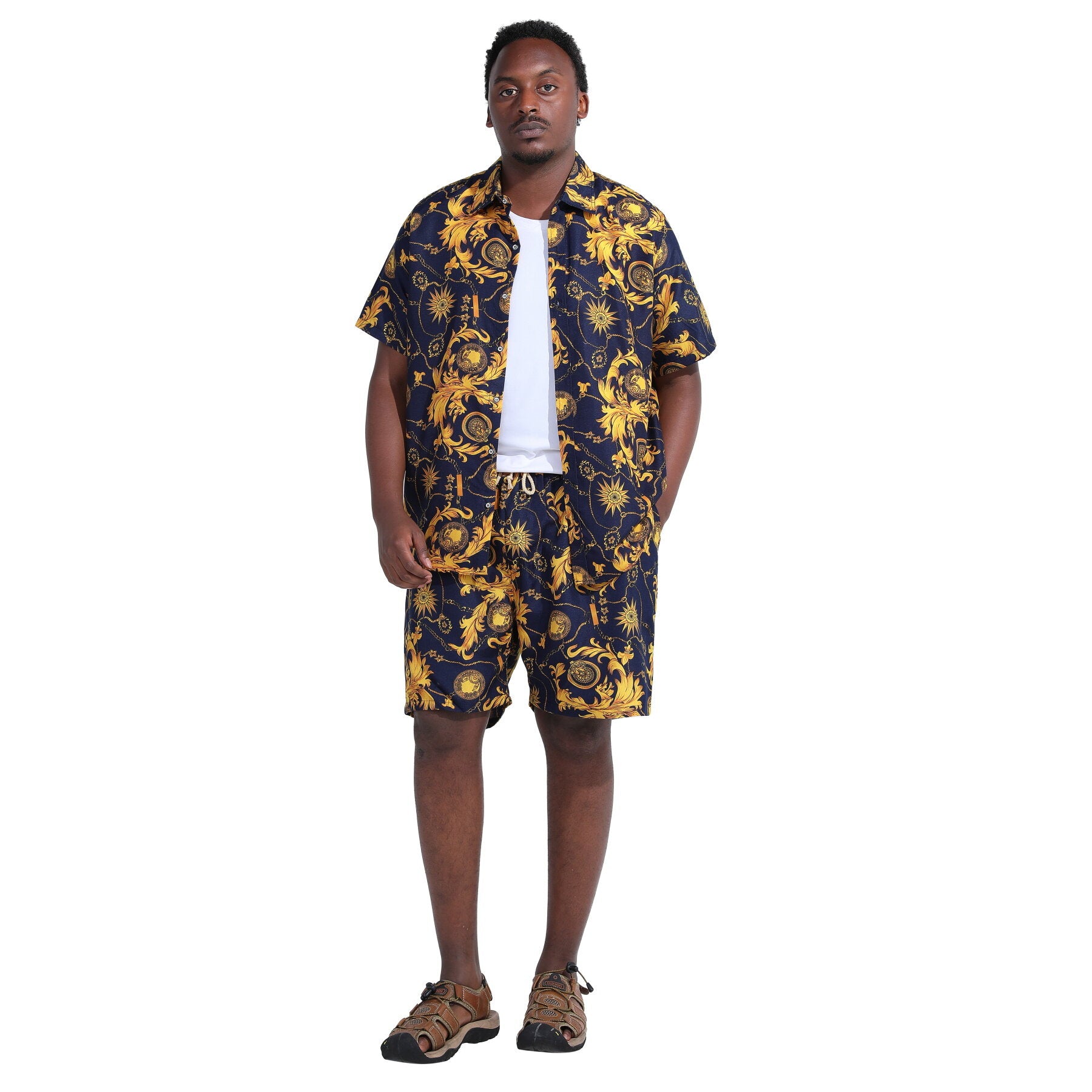 Multi-color # Men's 2-piece Hawaii print summer suit with short sleeve spread collar shirt and matching shorts, all-over printed casual vacation outfit for camp, luau, cruise, beach and summer party, isolated on white background.
