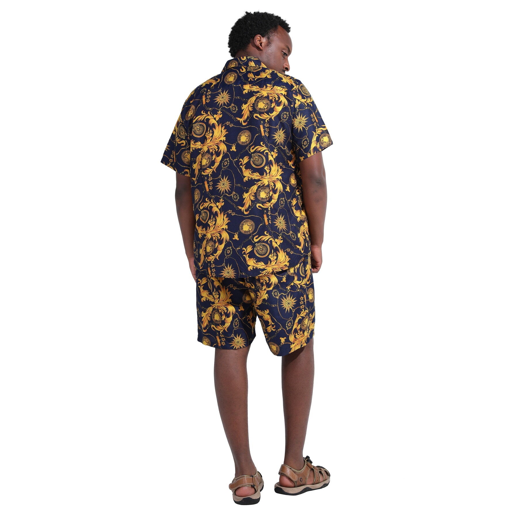 Multi-color # Men's 2-piece Hawaii print summer suit with short sleeve spread collar shirt and matching shorts, all-over printed casual vacation outfit for camp, luau, cruise, beach and summer party, isolated on white background.