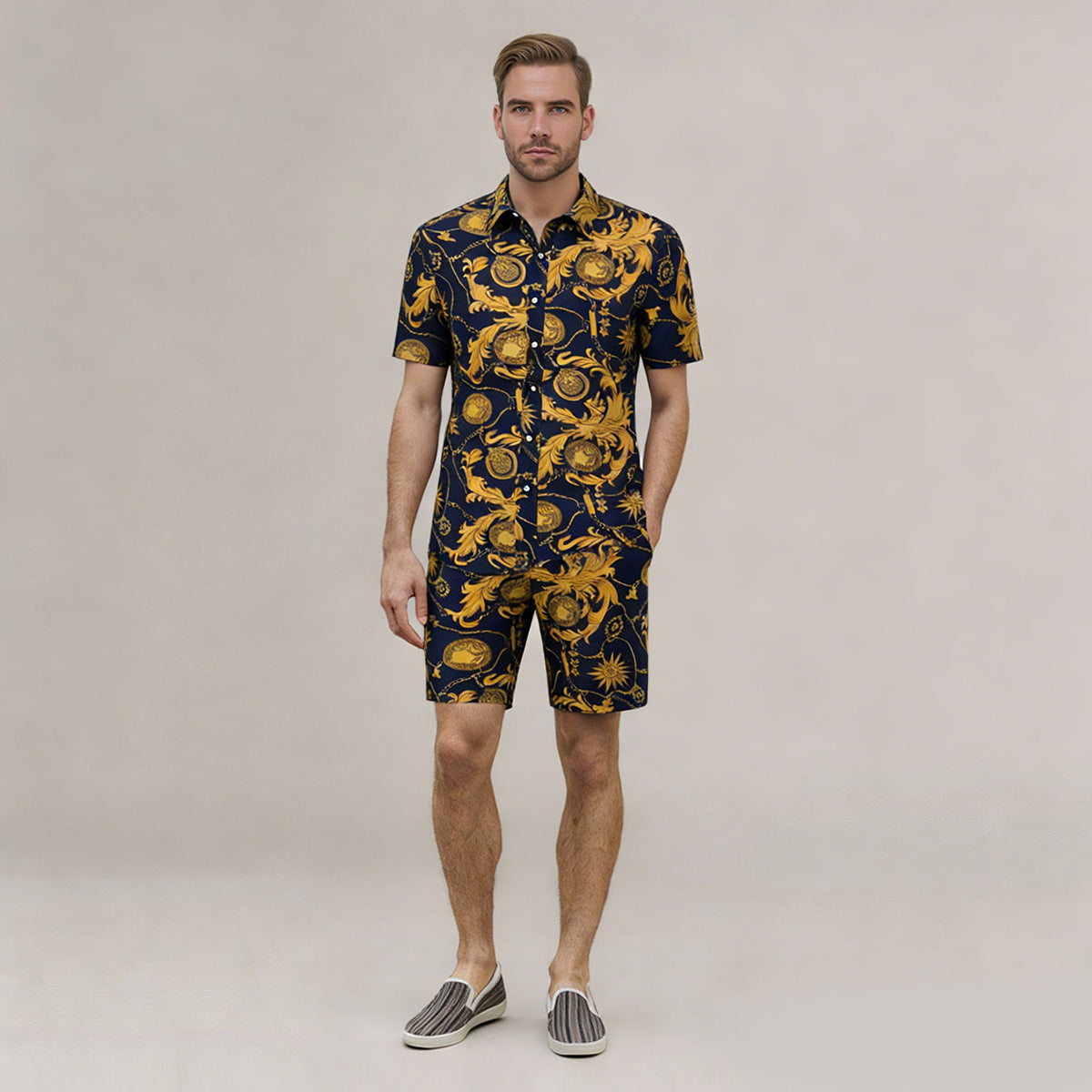 Multi-color # Men's 2-piece Hawaii print summer suit with short sleeve spread collar shirt and matching shorts, all-over printed casual vacation outfit for camp, luau, cruise, beach and summer party, isolated on white background.