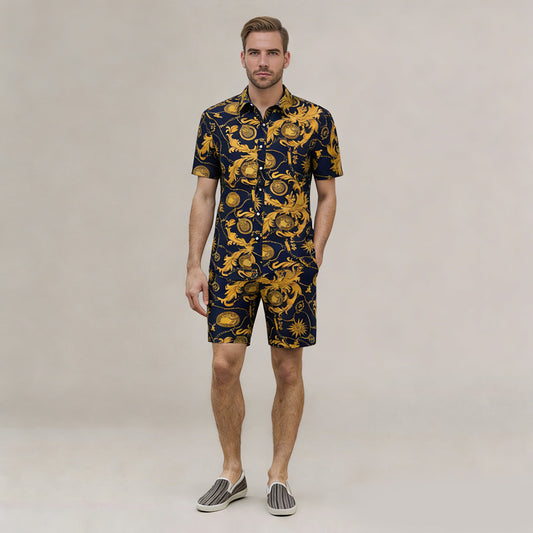 Multi-color # Men's 2-piece Hawaii print summer suit with short sleeve spread collar shirt and matching shorts, all-over printed casual vacation outfit for camp, luau, cruise, beach and summer party, isolated on white background.