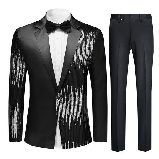 Black # Men's prom stylish 2-piece sequin suit with round sequin decoration and exquisite buttons, black sparkle blazer jacket with flat-front trousers featuring extended waist strap, slanted side pockets and back insert pocket for prom, party, wedding and stage performance, isolated on white background.