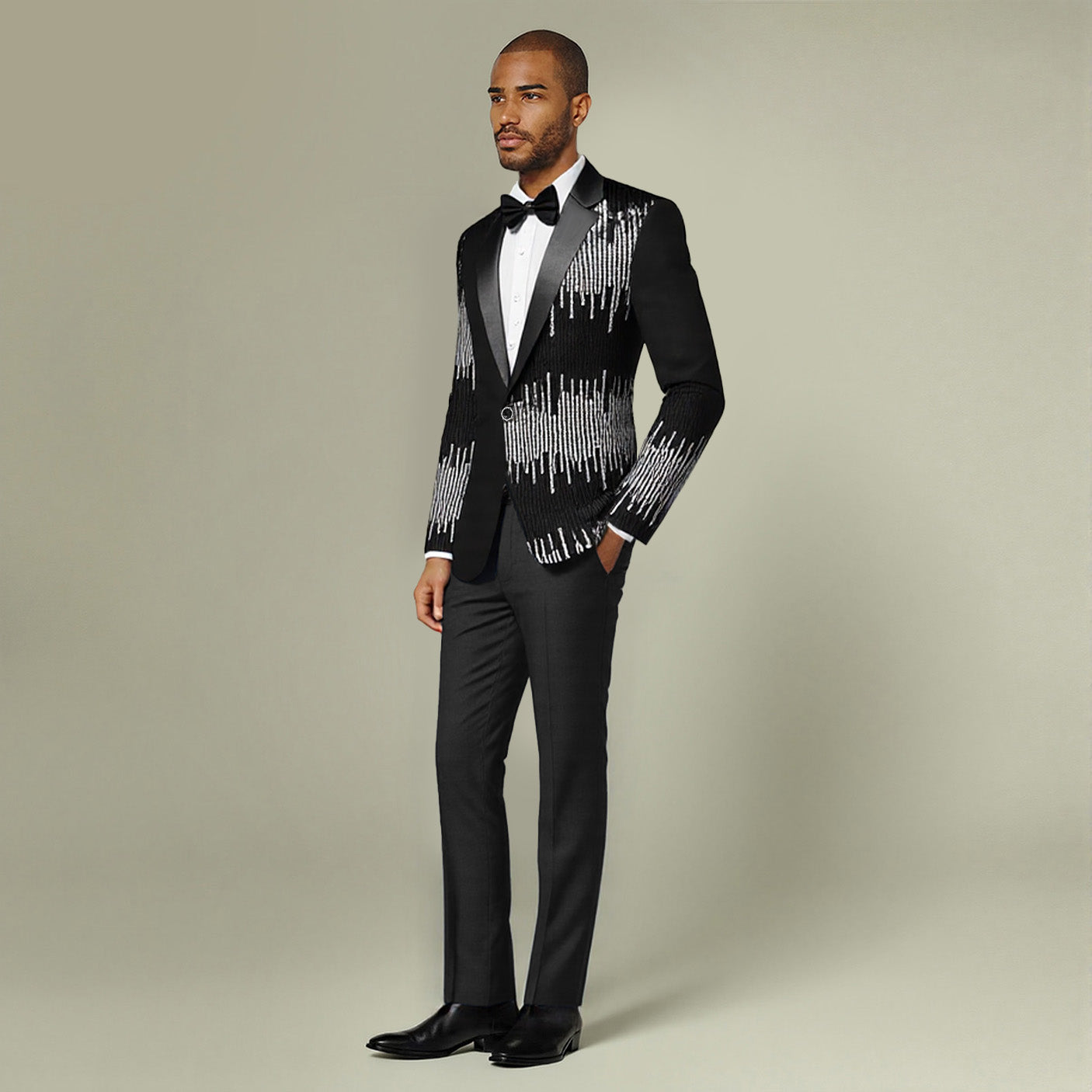 Black # Men's prom stylish 2-piece sequin suit with round sequin decoration and exquisite buttons, black sparkle blazer jacket with flat-front trousers featuring extended waist strap, slanted side pockets and back insert pocket for prom, party, wedding and stage performance, isolated on white background.