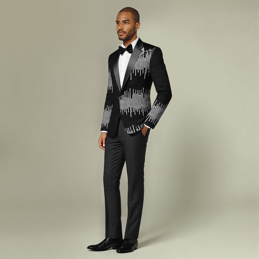 Black # Men's prom stylish 2-piece sequin suit with round sequin decoration and exquisite buttons, black sparkle blazer jacket with flat-front trousers featuring extended waist strap, slanted side pockets and back insert pocket for prom, party, wedding and stage performance, isolated on white background.