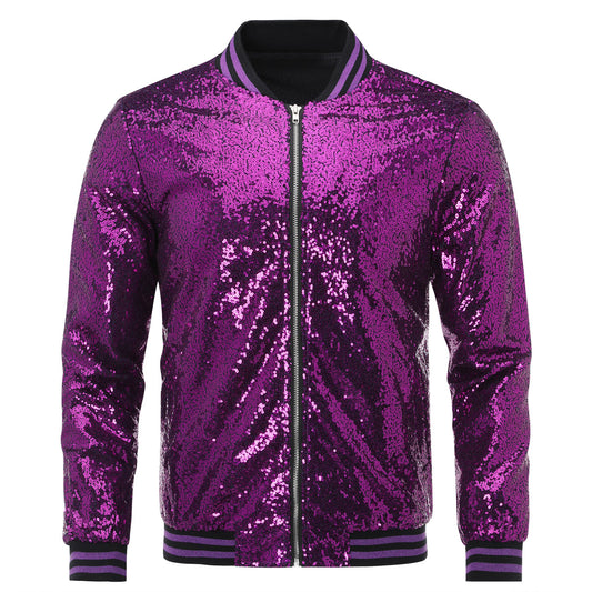 Purple # Men's slim fit sequin stand collar stage jacket, long sleeve shiny purple blazer with side pockets and soft lined interior, premium performance coat for stage, party, wedding and show, isolated on white background.