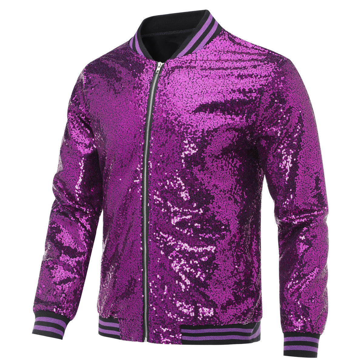 Purple # Men's slim fit sequin stand collar stage jacket, long sleeve shiny purple blazer with side pockets and soft lined interior, premium performance coat for stage, party, wedding and show, isolated on white background.