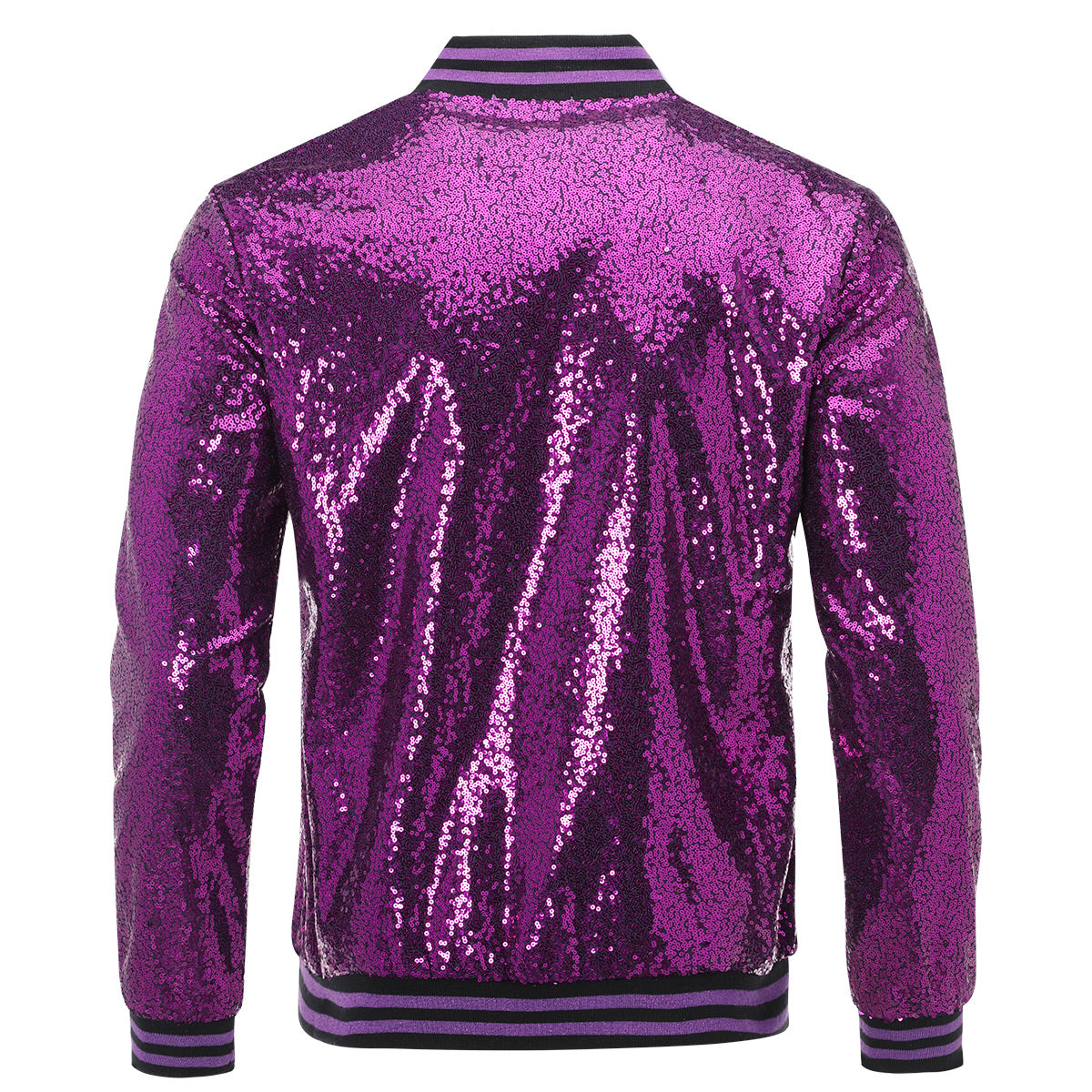 Purple # Men's slim fit sequin stand collar stage jacket, long sleeve shiny purple blazer with side pockets and soft lined interior, premium performance coat for stage, party, wedding and show, isolated on white background.