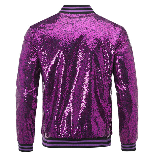 Purple # Men's slim fit sequin stand collar stage jacket, long sleeve shiny purple blazer with side pockets and soft lined interior, premium performance coat for stage, party, wedding and show, isolated on white background.