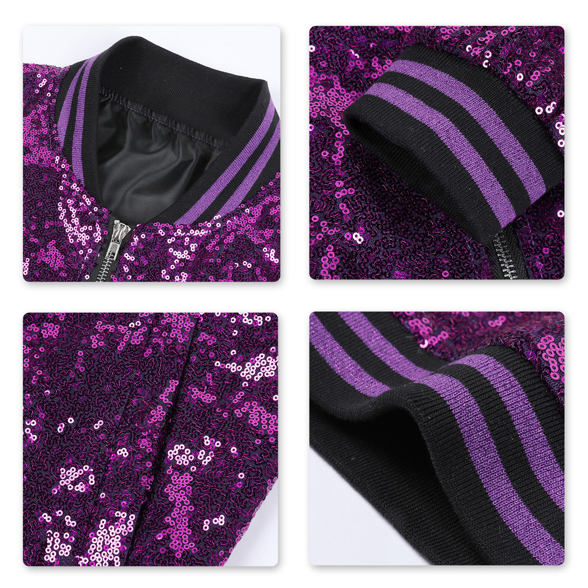 Purple # Men's slim fit sequin stand collar stage jacket, long sleeve shiny purple blazer with side pockets and soft lined interior, premium performance coat for stage, party, wedding and show, isolated on white background.