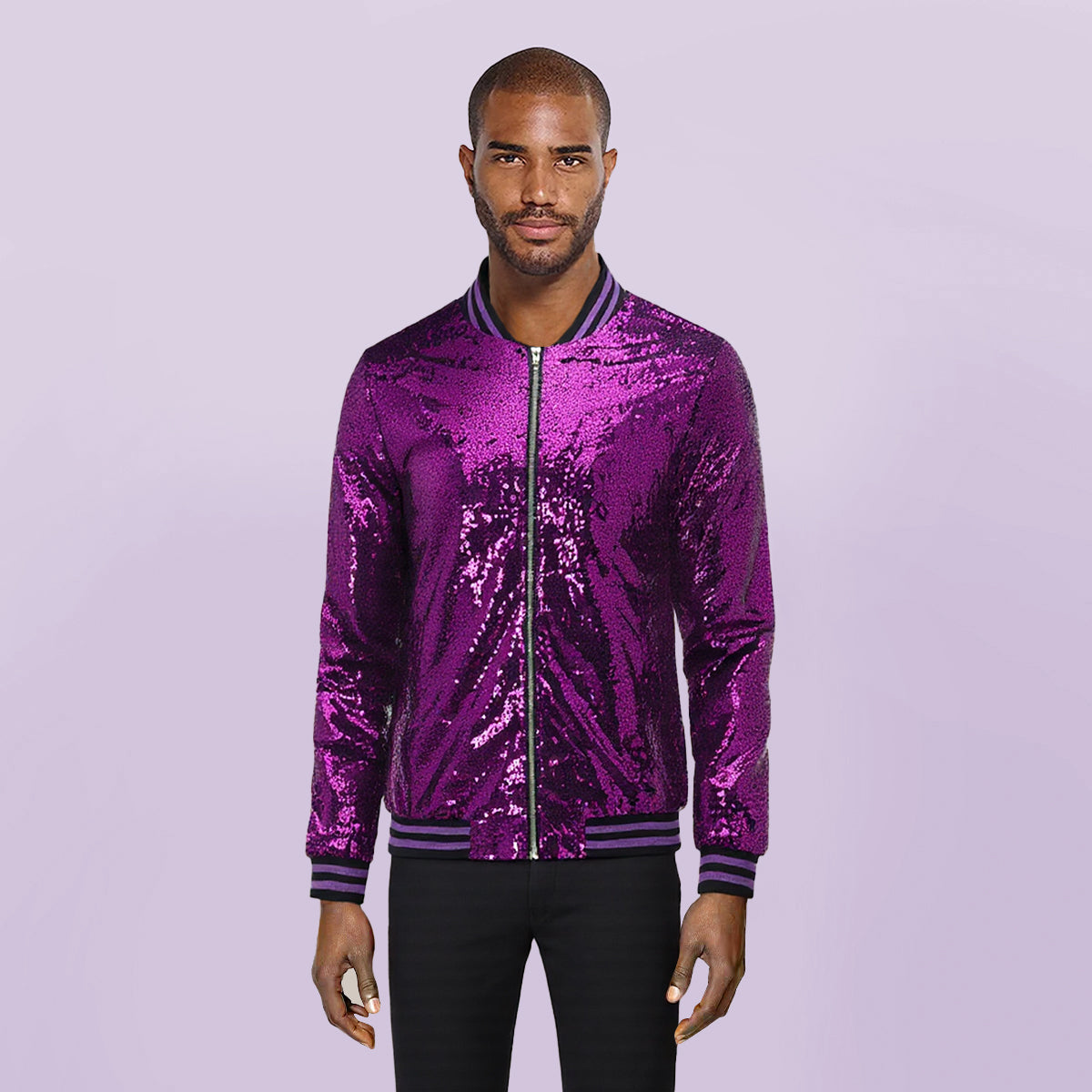 Purple # Men's slim fit sequin stand collar stage jacket, long sleeve shiny purple blazer with side pockets and soft lined interior, premium performance coat for stage, party, wedding and show, isolated on white background.