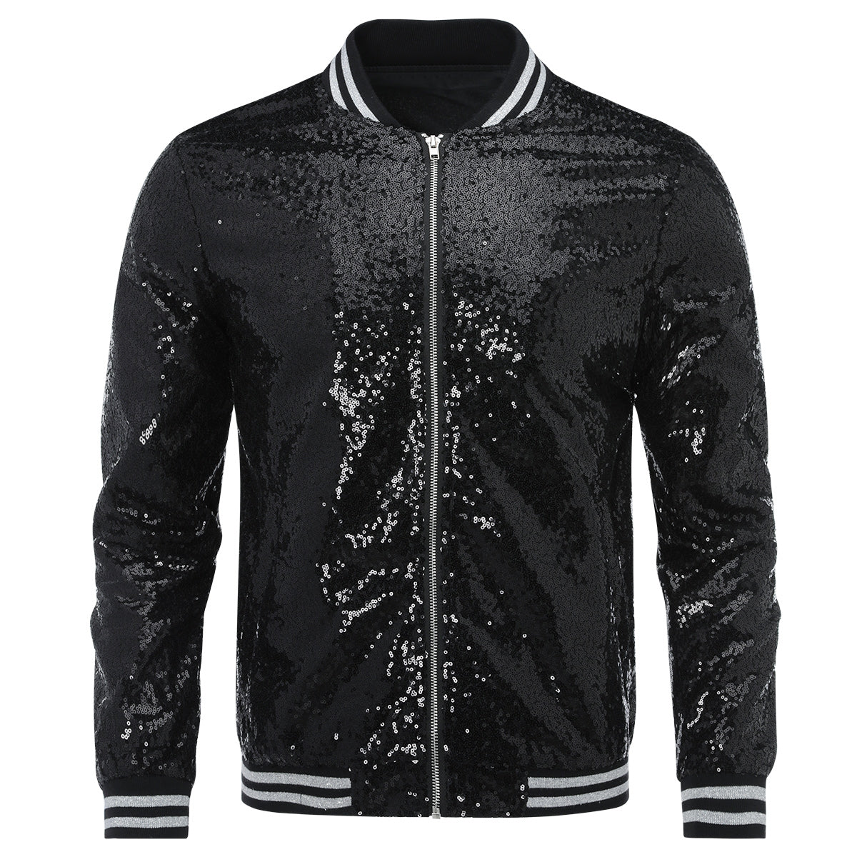 Black # Men's stand collar sequin stage jacket with slim fit and side pockets, sparkling black performance blazer with soft lined interior and double stitching for durability, perfect for party, stage show, prom and special events, isolated on white background.
