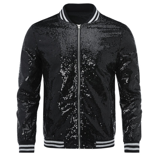 Black # Men's stand collar sequin stage jacket with slim fit and side pockets, sparkling black performance blazer with soft lined interior and double stitching for durability, perfect for party, stage show, prom and special events, isolated on white background.
