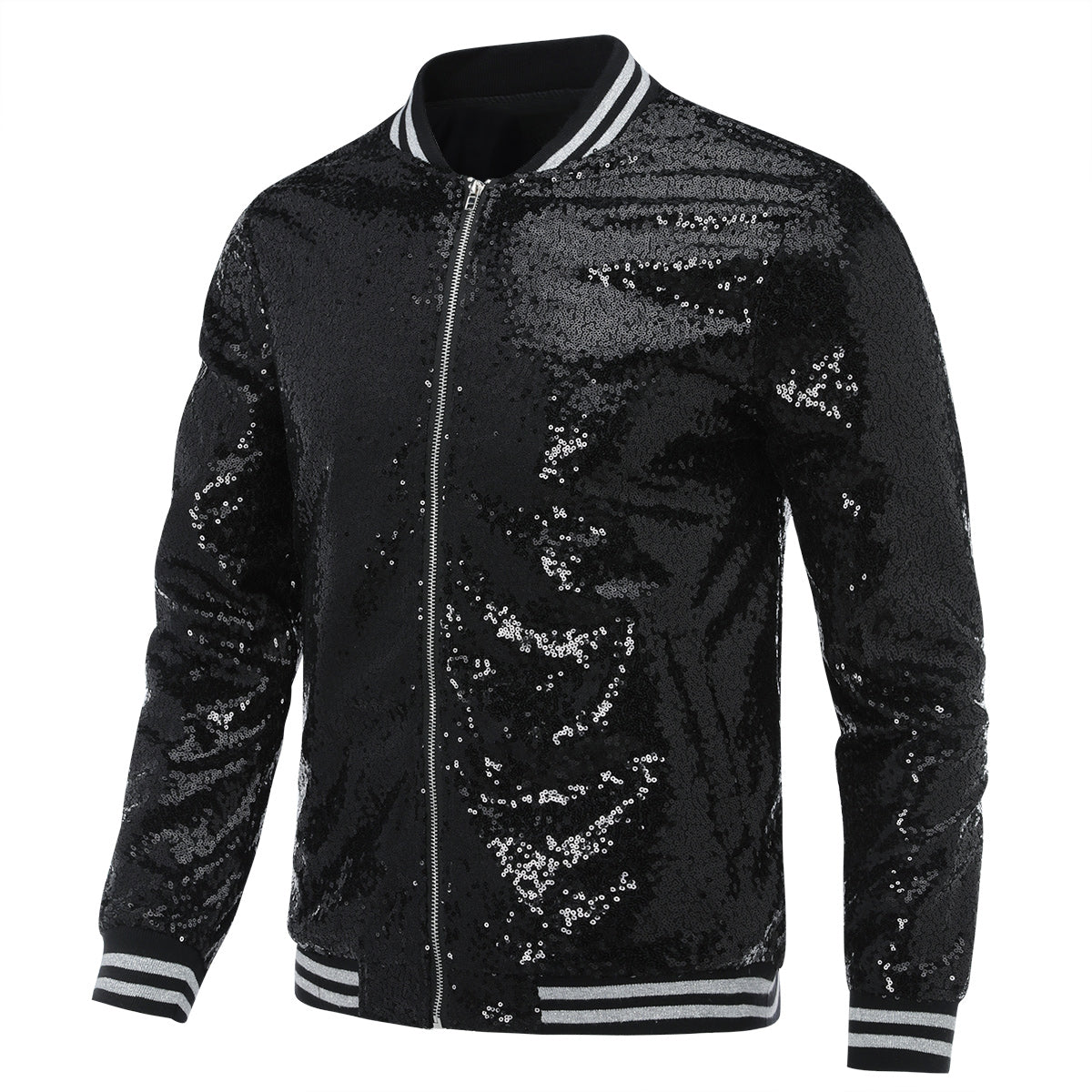 Black # Men's stand collar sequin stage jacket with slim fit and side pockets, sparkling black performance blazer with soft lined interior and double stitching for durability, perfect for party, stage show, prom and special events, isolated on white background.