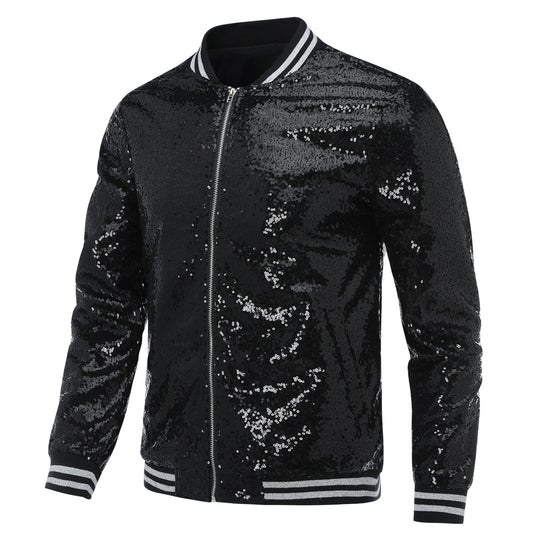 Black # Men's stand collar sequin stage jacket with slim fit and side pockets, sparkling black performance blazer with soft lined interior and double stitching for durability, perfect for party, stage show, prom and special events, isolated on white background.