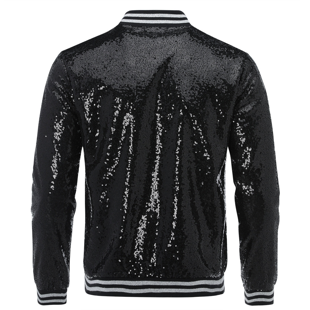Black # Men's stand collar sequin stage jacket with slim fit and side pockets, sparkling black performance blazer with soft lined interior and double stitching for durability, perfect for party, stage show, prom and special events, isolated on white background.