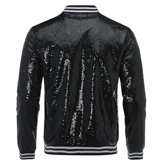 Black # Men's stand collar sequin stage jacket with slim fit and side pockets, sparkling black performance blazer with soft lined interior and double stitching for durability, perfect for party, stage show, prom and special events, isolated on white background.