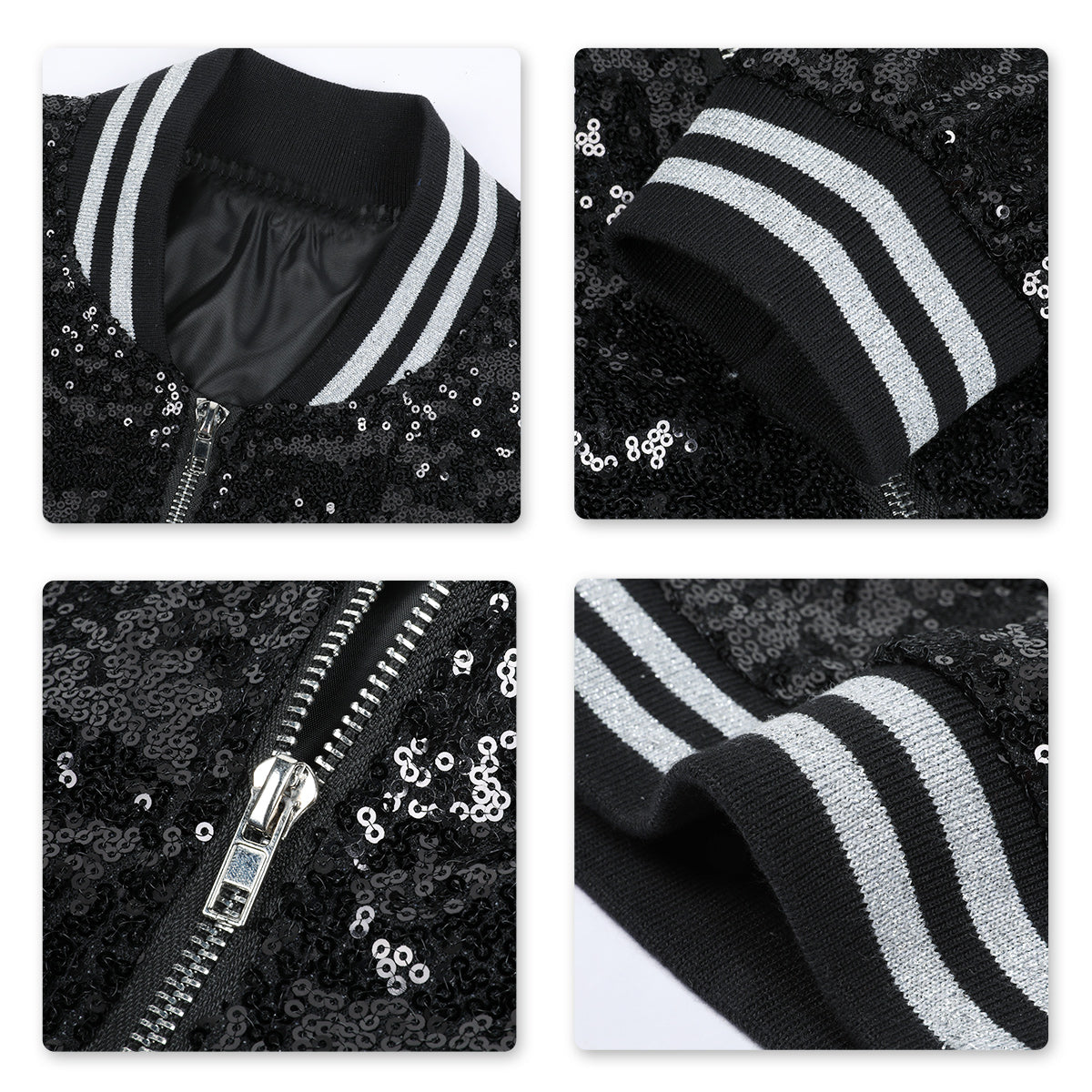 Black # Men's stand collar sequin stage jacket with slim fit and side pockets, sparkling black performance blazer with soft lined interior and double stitching for durability, perfect for party, stage show, prom and special events, isolated on white background.