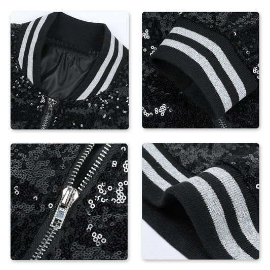 Black # Men's stand collar sequin stage jacket with slim fit and side pockets, sparkling black performance blazer with soft lined interior and double stitching for durability, perfect for party, stage show, prom and special events, isolated on white background.