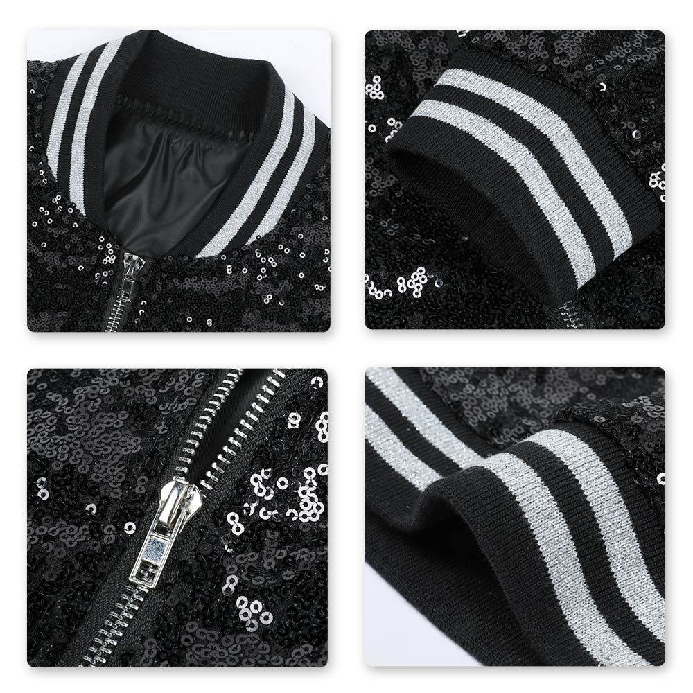 Black # Men's stand collar sequin stage jacket with slim fit and side pockets, sparkling black performance blazer with soft lined interior and double stitching for durability, perfect for party, stage show, prom and special events, isolated on white background.