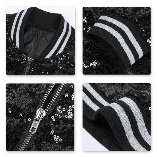 Black # Men's stand collar sequin stage jacket with slim fit and side pockets, sparkling black performance blazer with soft lined interior and double stitching for durability, perfect for party, stage show, prom and special events, isolated on white background.