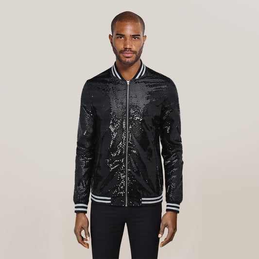 Black # Men's stand collar sequin stage jacket with slim fit and side pockets, sparkling black performance blazer with soft lined interior and double stitching for durability, perfect for party, stage show, prom and special events, isolated on white background.