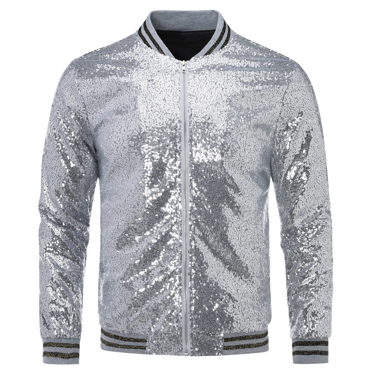 Silver # Men's stand collar sequin stage jacket, long sleeve shiny silver blazer with side pockets and soft lining, sparkling performance coat for stage, party, wedding and special events, isolated on white background.